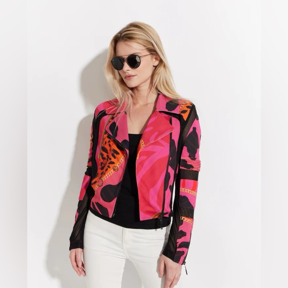 Oo La La M8030 Fuchsia Printed Zip Front Scuba Mesh Jacket - Size M